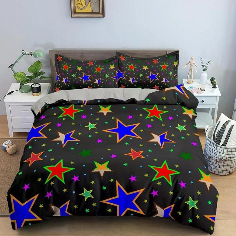 Kawaii Glitter Stars Duvet Cover Twin Queen Psychedelic Space Cosmos Starry Sky Comforter Cover Colorful Star Galaxy Bedding Set