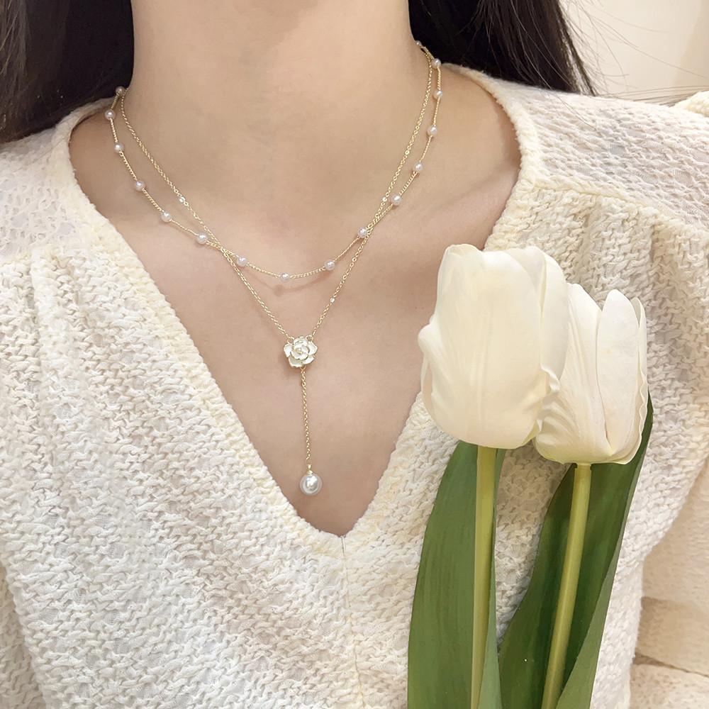 Women Double-layer Tassel Pearl Camellia Necklace Clavicle Chain Choker Neck Jewelry