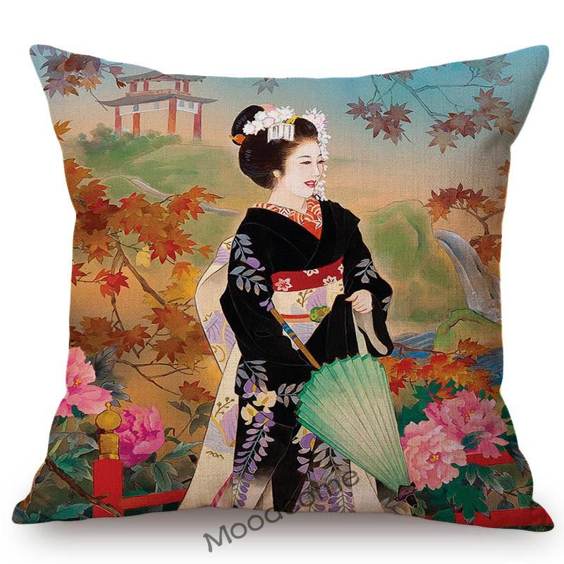 Beautiful Pretty Japanese Geisha Cartoon Traditional Kimono Girl Floral Cotton Linen Sofa Pillow Case Home Decor Cushion Cover
