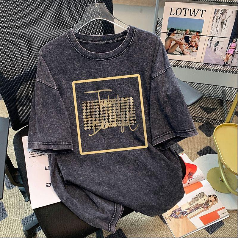 European and American New Fashion Casual Washed Old Loose Cotton T-shirt Top Printed Cotton T-shirt