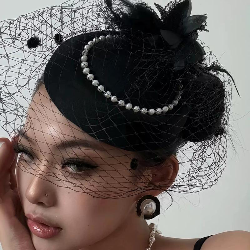 Schwarzes Netz Kopfschmuck Stewardess Hut Französisches Temperament Perlen Haarspange für Frauen