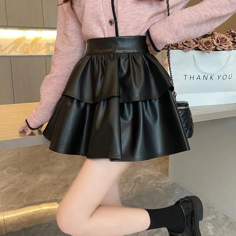 Autumn Women High Waist Layered Faux Leather Mini Skirt S чёрный