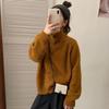 Yousheng Women Plush Sweater Coat High Collar Long Sleeve Loose Fit Design Knitting Sweater Buttons Closure Knitwear