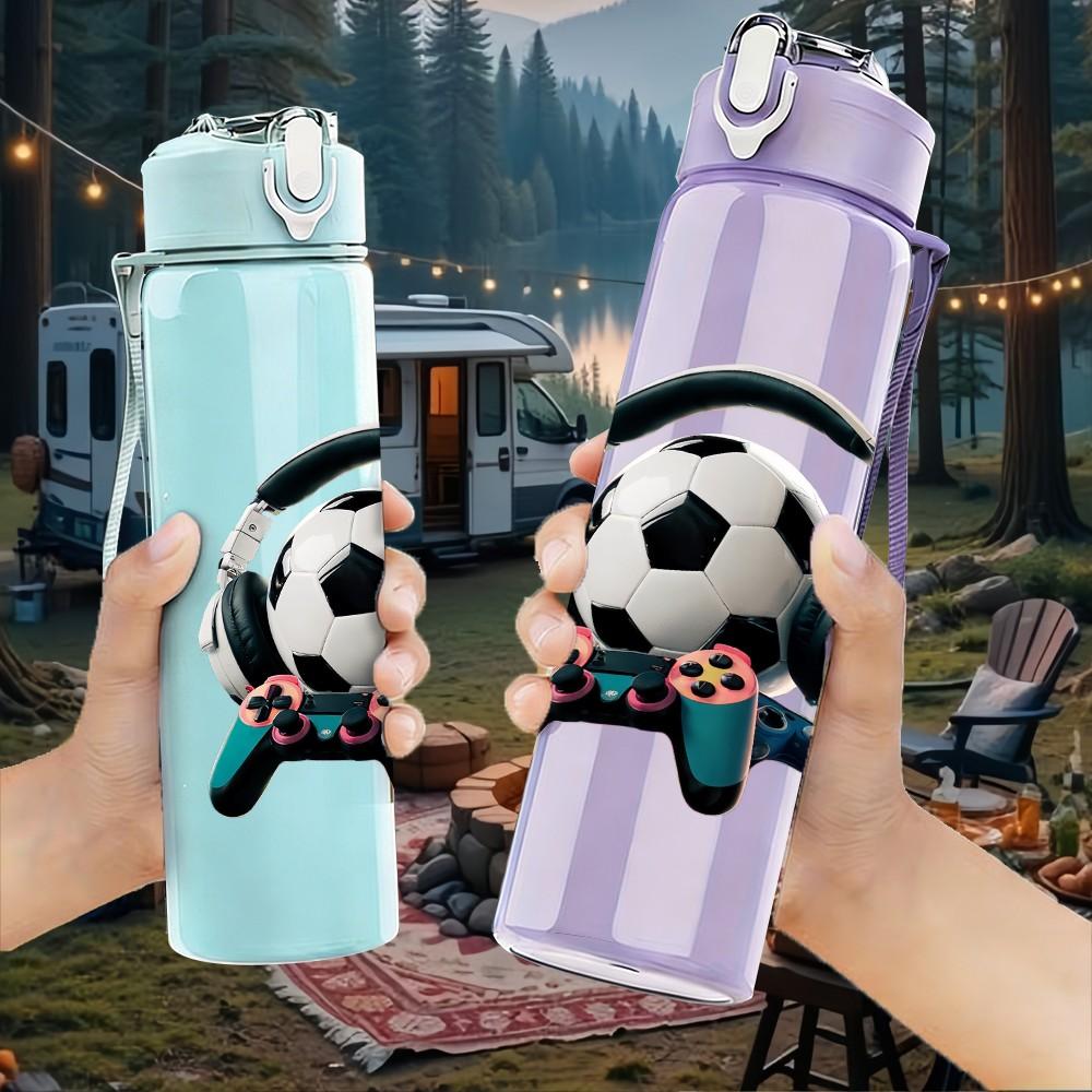 1PC Cute Soccer Ball Cartoon 750ml Color Plastic Sports Water Bottle Leakproof Flip Straw Lid Suitable for Sports Office Home Use