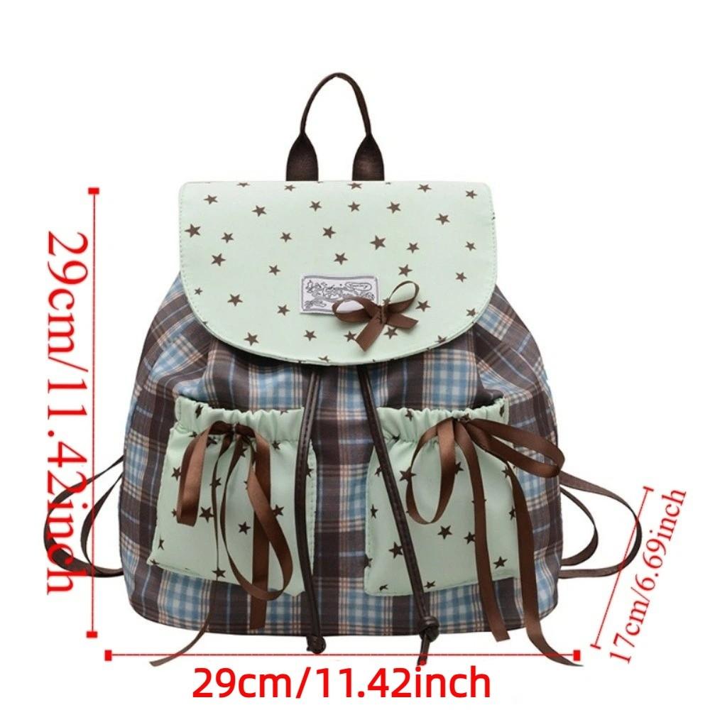 Sweet Bow Double Shoulder Bag Plaid Pattern Contrast Color Student Schoolbags Grid Pattern Star Print Mint Green Small Backpack