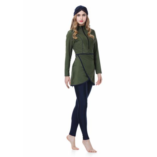 Conjunto de 3 Peças/Conjunto Feminino Maiô Dividido Saia Frontal Fechamento Seguro com Zíper Proteção UV Tops Calças Compridas para Natação Conjunto com Lenço de Cabeça