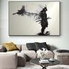 Japanese Black Samurai Man with Crow Posters and Print Black and White Wall Art Canvas Painting for Living Room Cuadros Decor