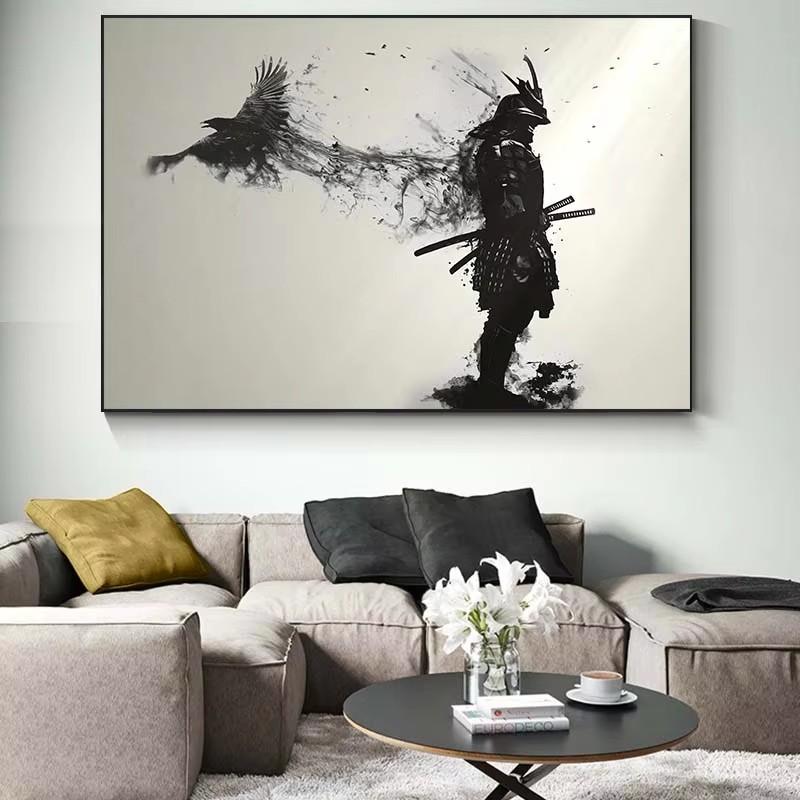 Japanese Black Samurai Man with Crow Posters and Print Black and White Wall Art Canvas Painting for Living Room Cuadros Decor