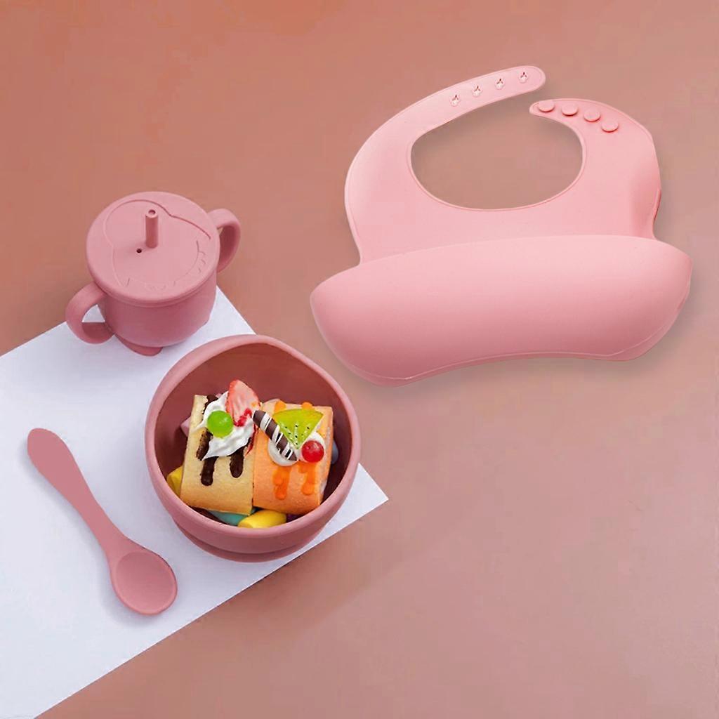 4 Pcs Baby Silicone Bibs Sucker Bowl Spoon Straw Cup Set Training Feeding Food Utensil Dishes Tableware Kit for Newborn Purple