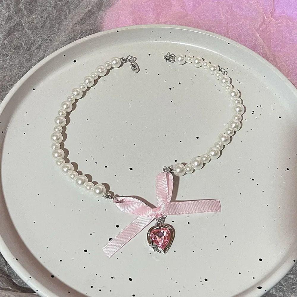 Zircon Bowknot Pendant Choker Korean Style Balletcore Choker Pink Bow Necklace Birthday Gift