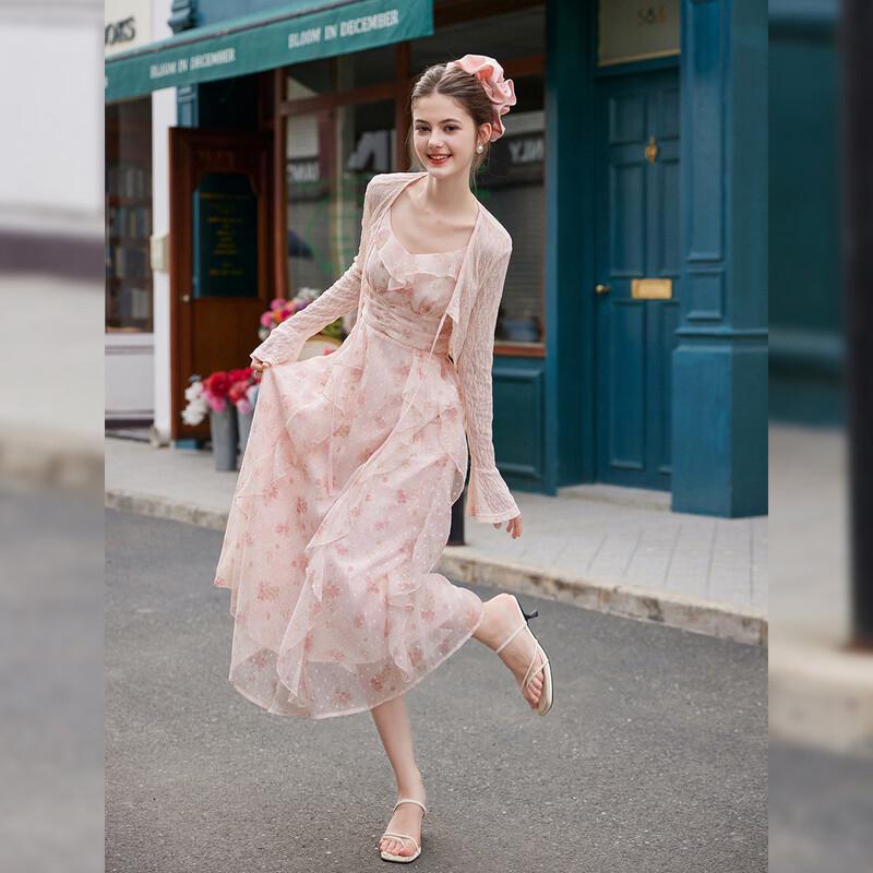 French Style Lace Cardigan & Floral Slip Dress Two-Piece Set