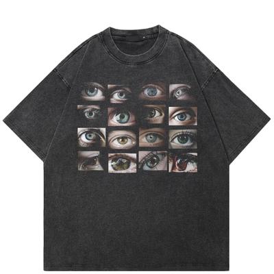 Camiseta Preta Streetwear com Gráfico de Olhos Algodão Tops Unissex Verão Manga Curta