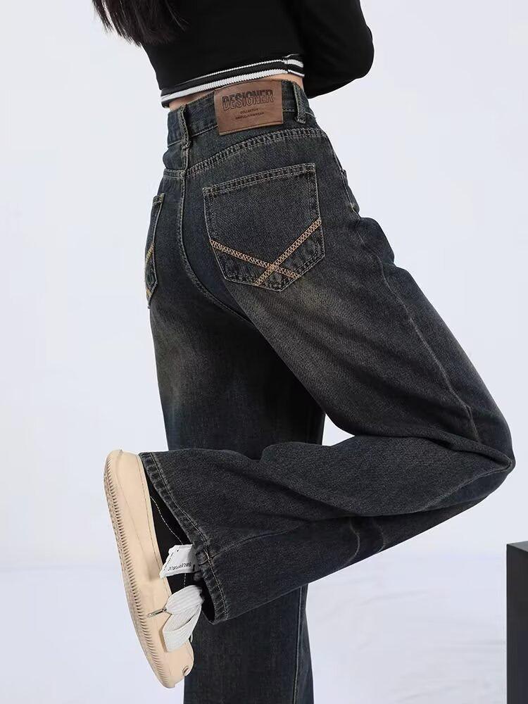 Dark Wash Wide-Leg Jeans for Women - American Retro Plus Size Flared Trousers