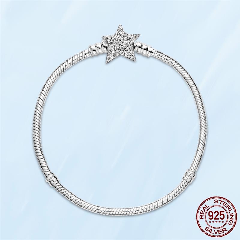 925 Sterling Silver Cubic Zircon Star Chain Link Snake Bone Chain Bracelet for Women Fit Original Fashion Charms Bead DIY Making