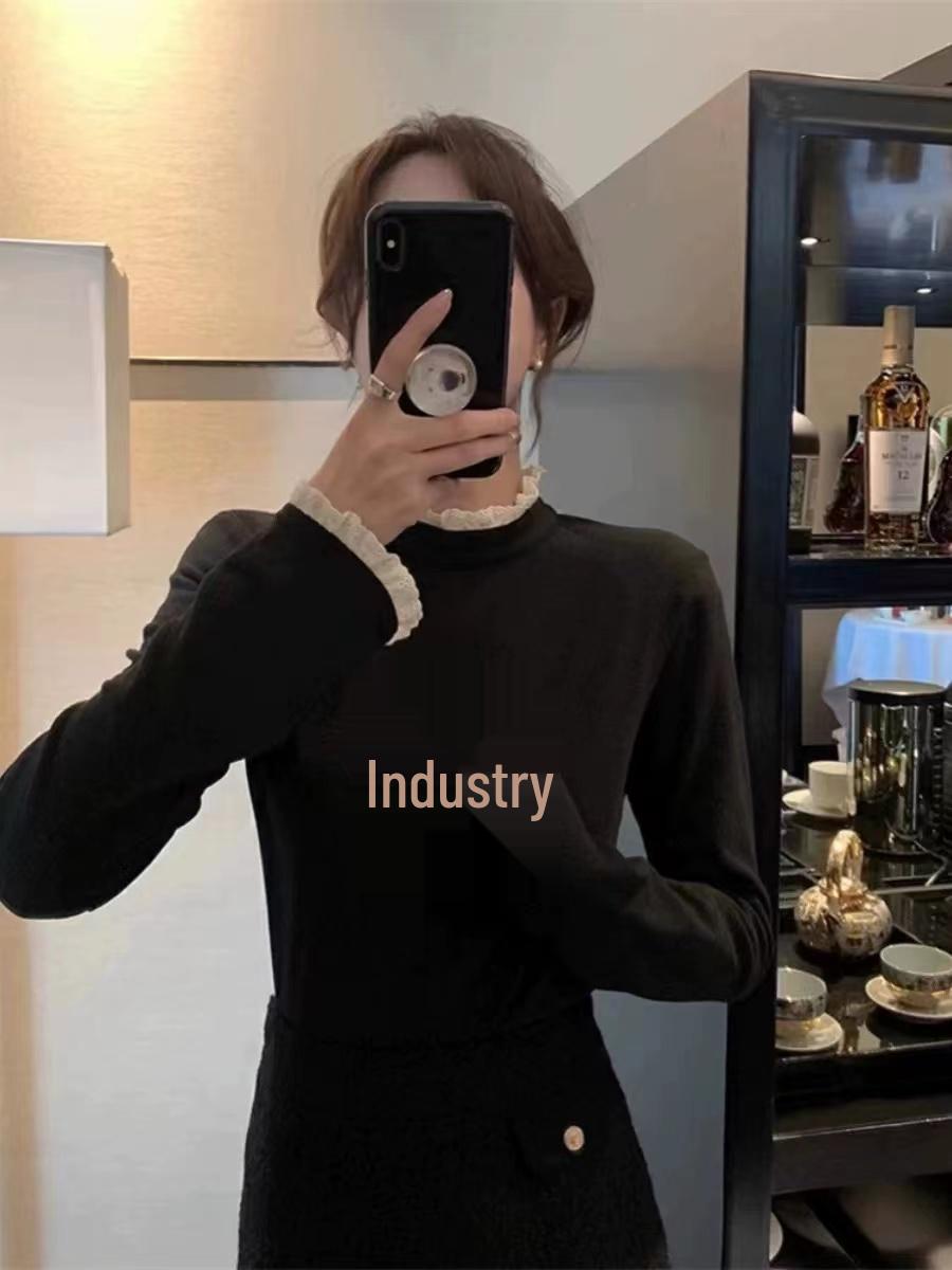 

Women s Lace Trim Half-High Collar Long Sleeve T-Shirt, Autumn/Winter 2025. Extra Extra Large чёрный