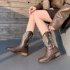Cowhide version~ 2025 new embroidered long knight boots square head thick heel boots autumn leather western cowboy boots women