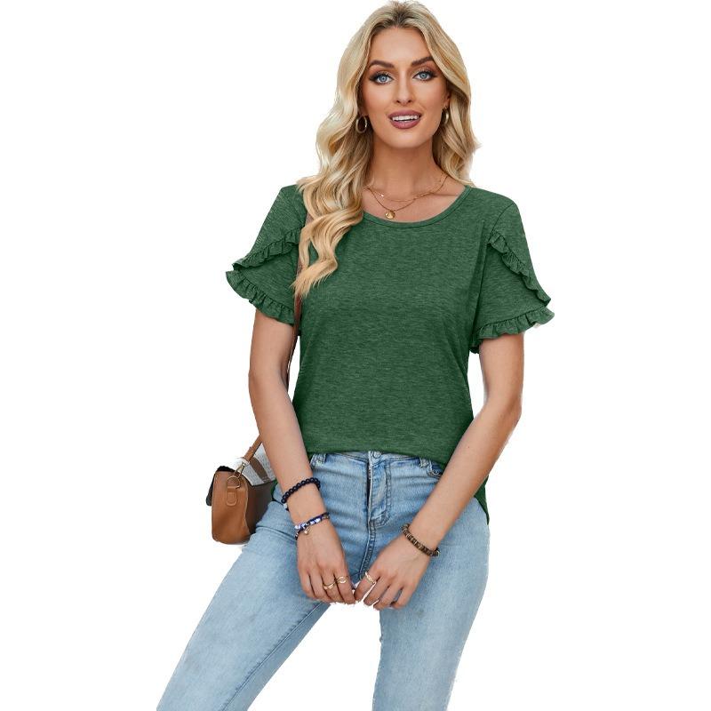 HNXC Women's Fashion Casual Solid Color Print Short Sleeve O Neck Blouses & Shirts