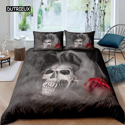 Sugar Skull Duvet Cover for Lover Sweetheart Roses Twin Bedding Set Microfiber Halloween Men Smoke Fog Horror Gothic Quilt Cover