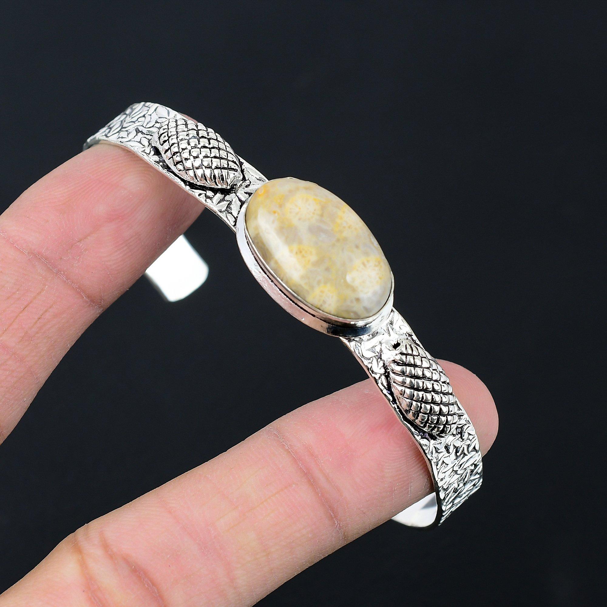 

Sisters Day Sale Natural Fossil Coral Sterling Silver Trendy New Bangle Bracelet Adjustable