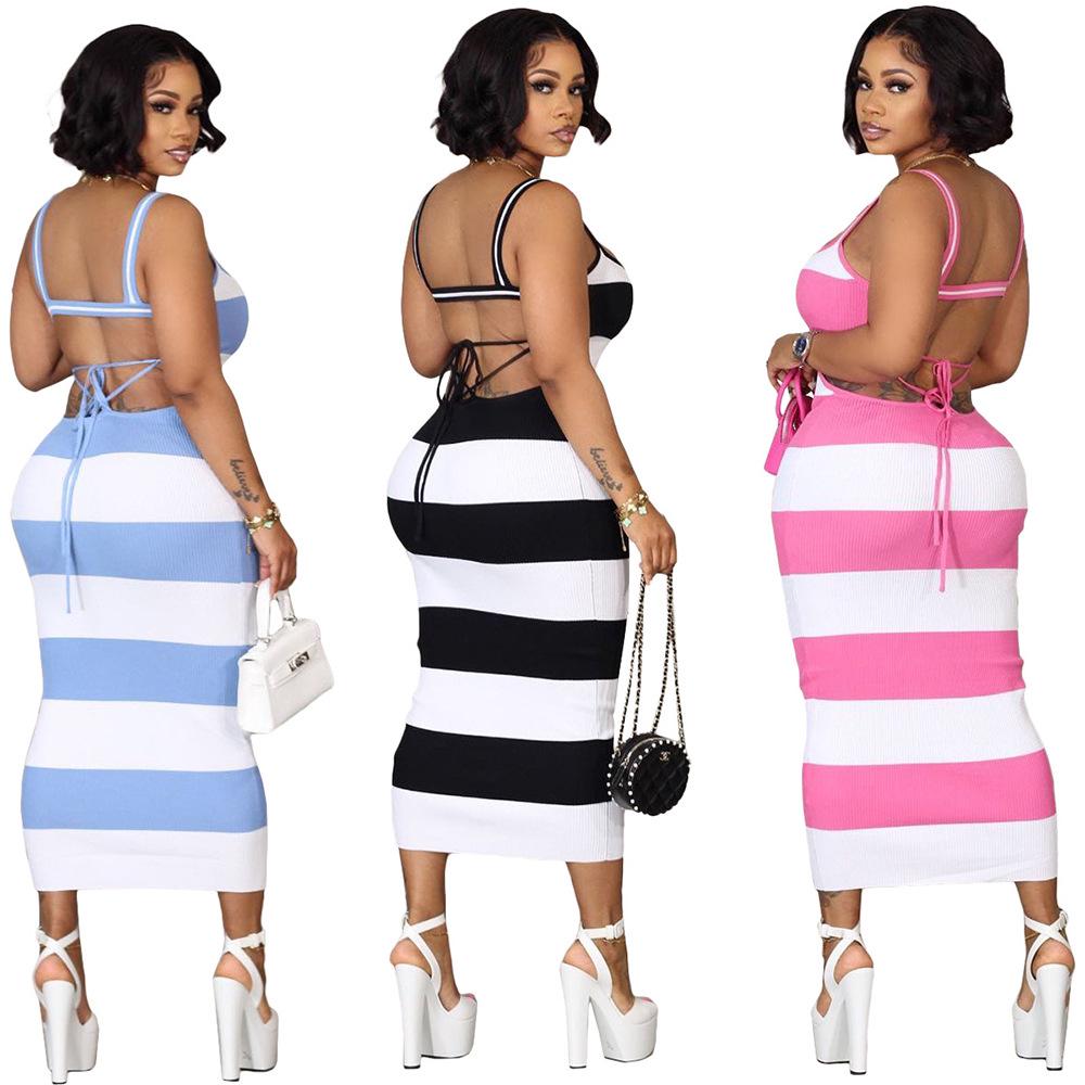 

Women s Fashion Striped Backless Tie-Up Sexy Dress XL