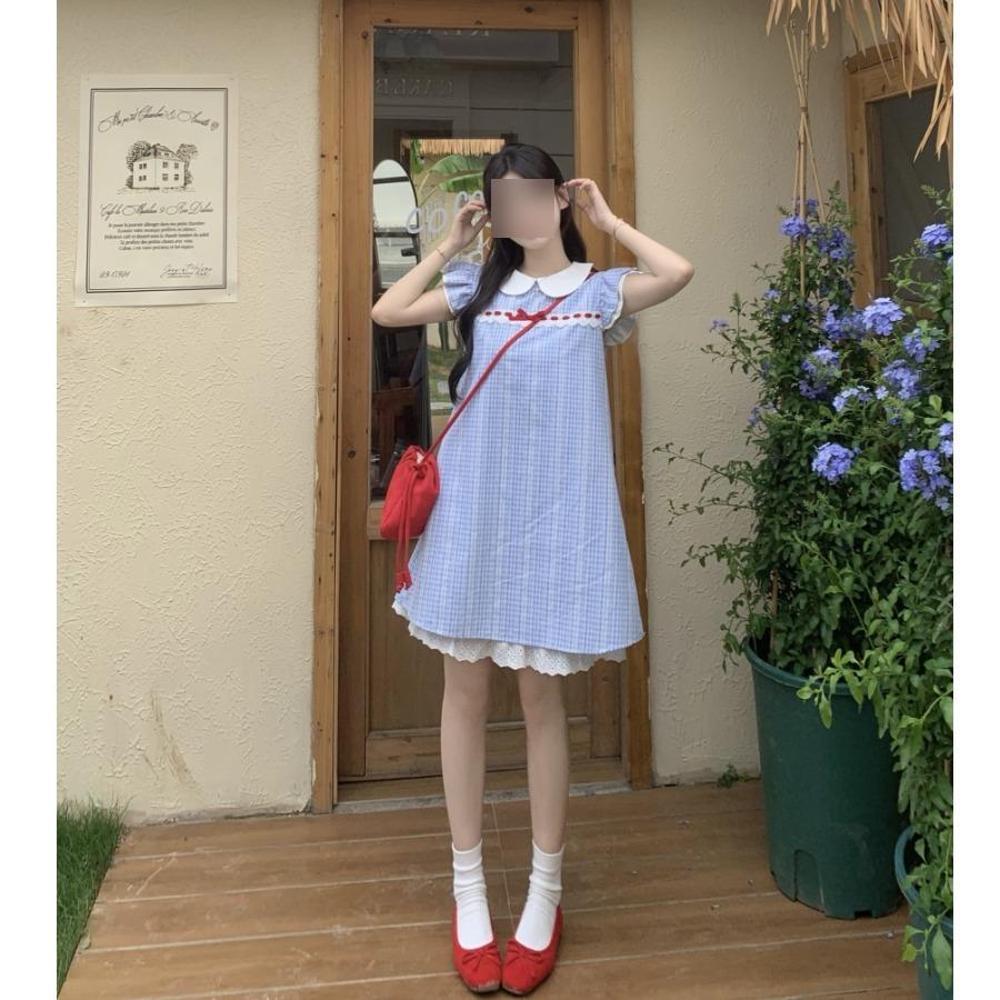 Feifei Sleeve Small Sweet Girl Dress Summer Blue Plaid Cute Doll Collar Sweet Temperament Princess Short Dress