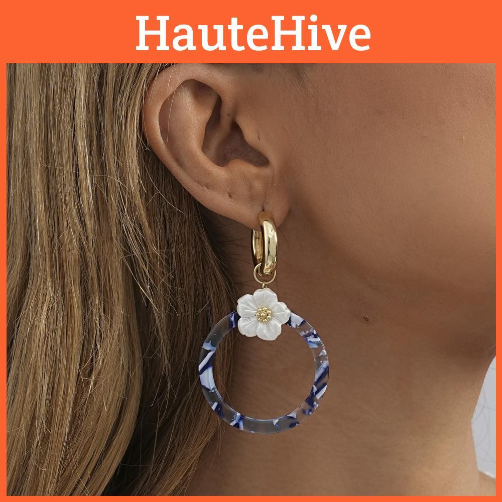Flower Geometric Modern Circle Earrings Trendy Blue Alloy Accessories Womens