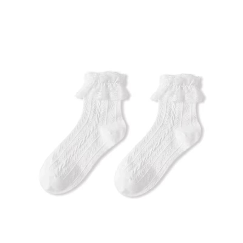 6 Pairs Woman Socks Solid Black White Lolita Lacework Ruffle Socks Summer Thin Japanese Style Kawaii Sweet Girls Short Socks