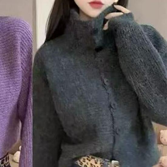 

Вязаный кардиган 2025 в стиле ретро с высоким воротом на пуговицах - Женский свободный крой, длинный рукав для весны и осени M (Recommended 95-105 Jin)