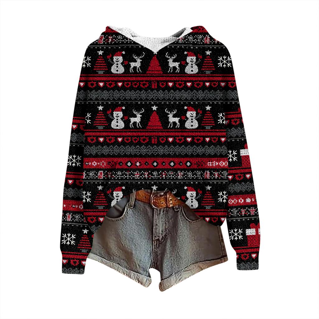 Women's Fashion Casual Long Sleeve Christmas Print Hooded Knitted Sweatshirt