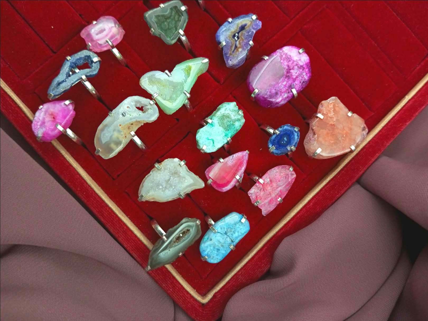 

10Pcs Multi Solar Druzy Gemstone 925 Sterling Silver Plated Оптовая партия колец JOR-R143