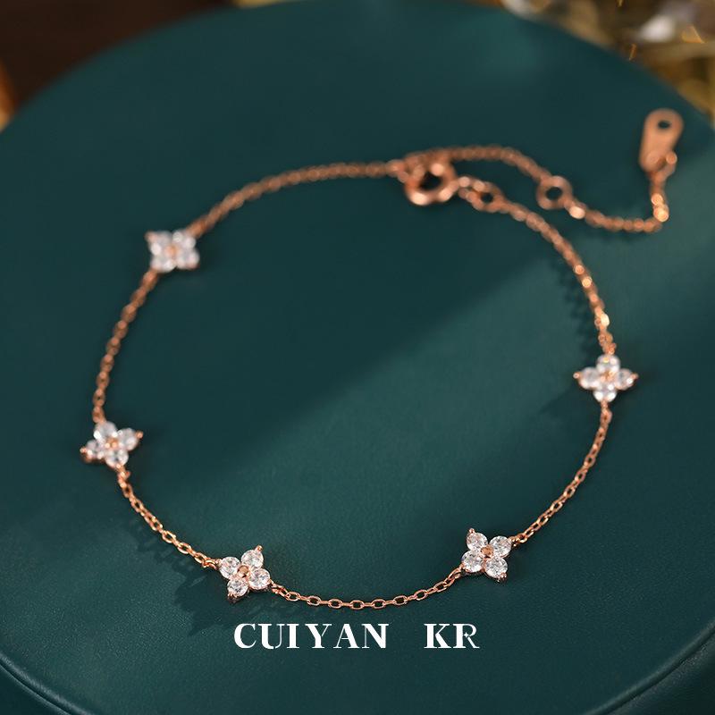Cui Yan S925 Sterling Silver Four-Leaf Clover Bracelet - Women's Light Luxury Japanese Korean Style Starry Sky Jewelry