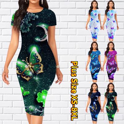 Vestido ajustado de manga corta hasta la rodilla vestido midi con estampado de flores y mariposas en 3D para mujer a la moda