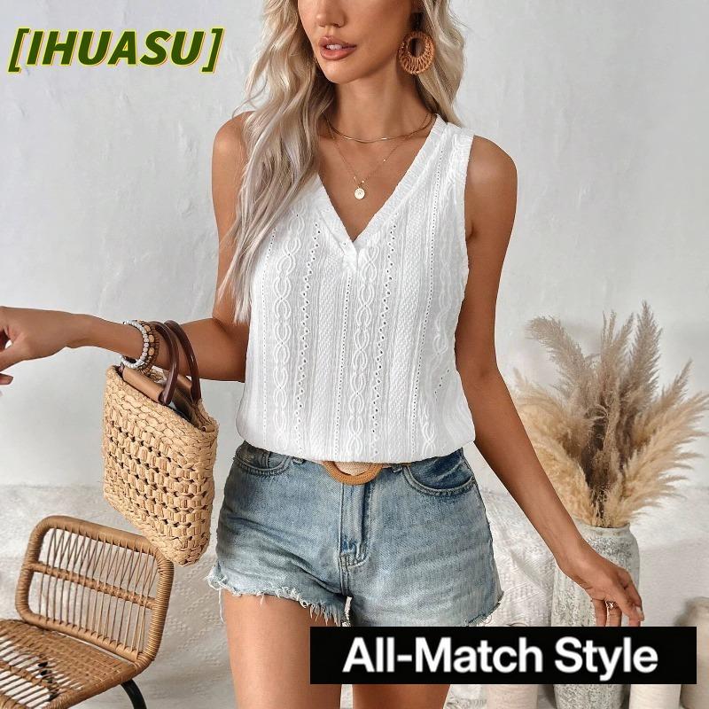IHUASU Damenmode Lässige Ärmellose V-Ausschnitt Blusen & Hemden