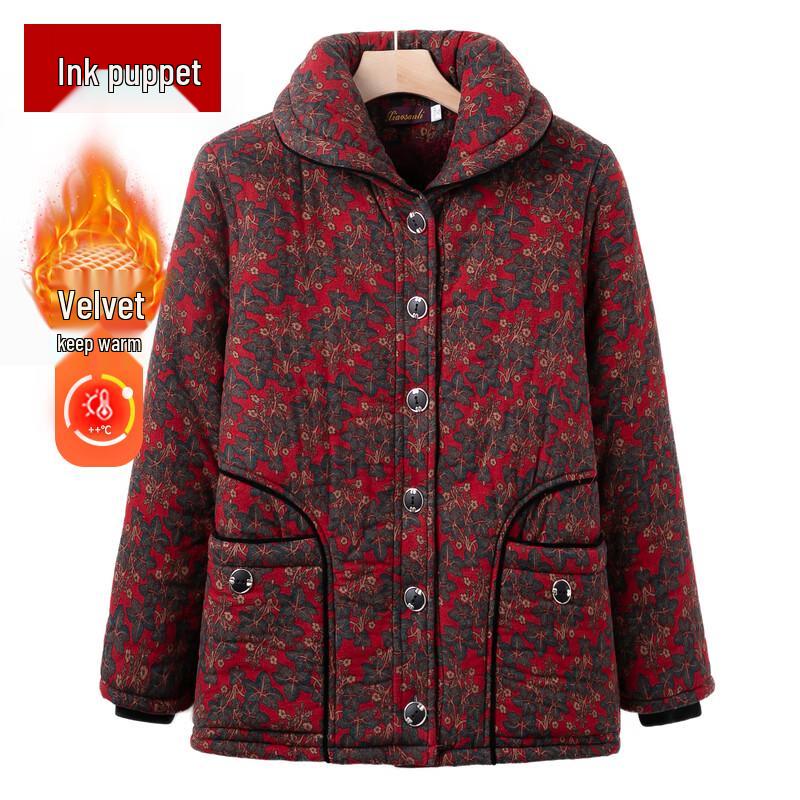 Moou Women's Thickened Fleece-Lined Lapel Jacket for Elderly