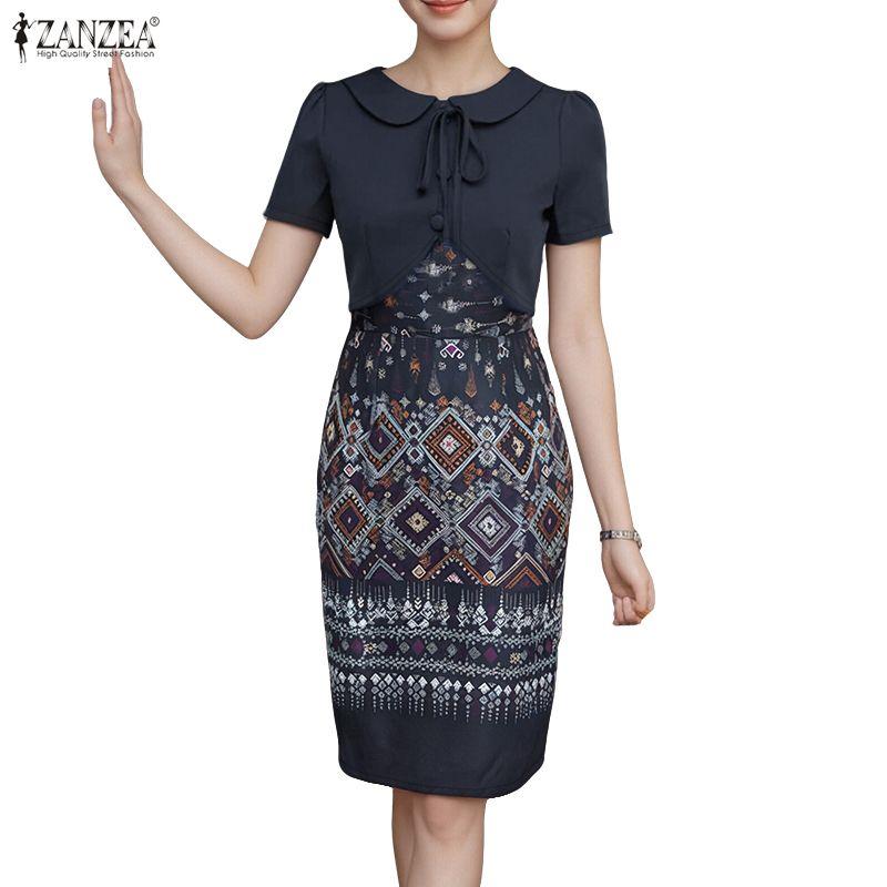 ZANZEA Women Ethnic Print Casual Doll Collar Summer Short Sleeve Dress