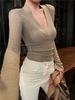 Women's Slim Fit V-Neck Knit Top - Long Sleeve, Elastic Base Layer for Autumn/Winter