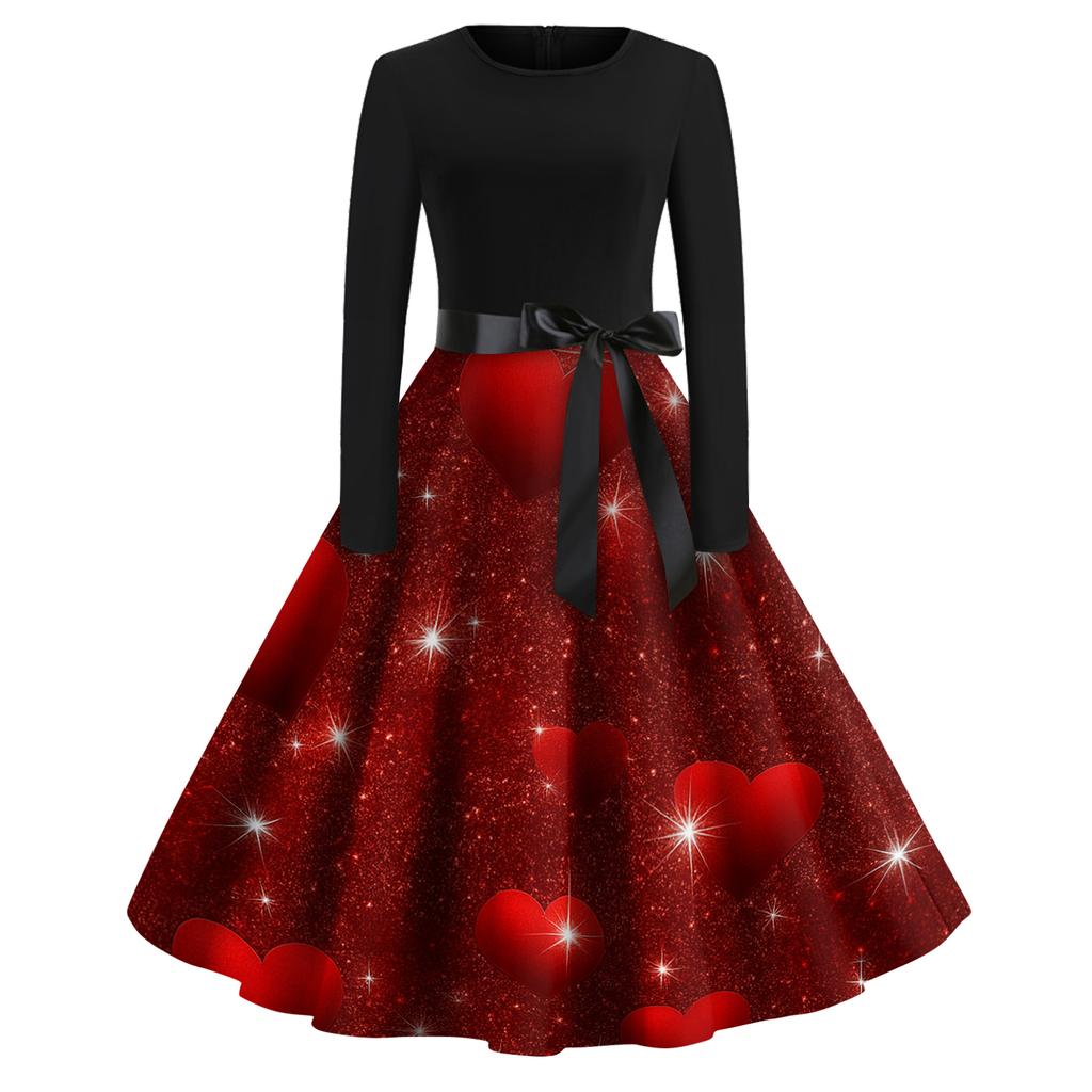 Women's Fashion Round Casual Slim Fit  Print Large Swing Long Sleeve Dress