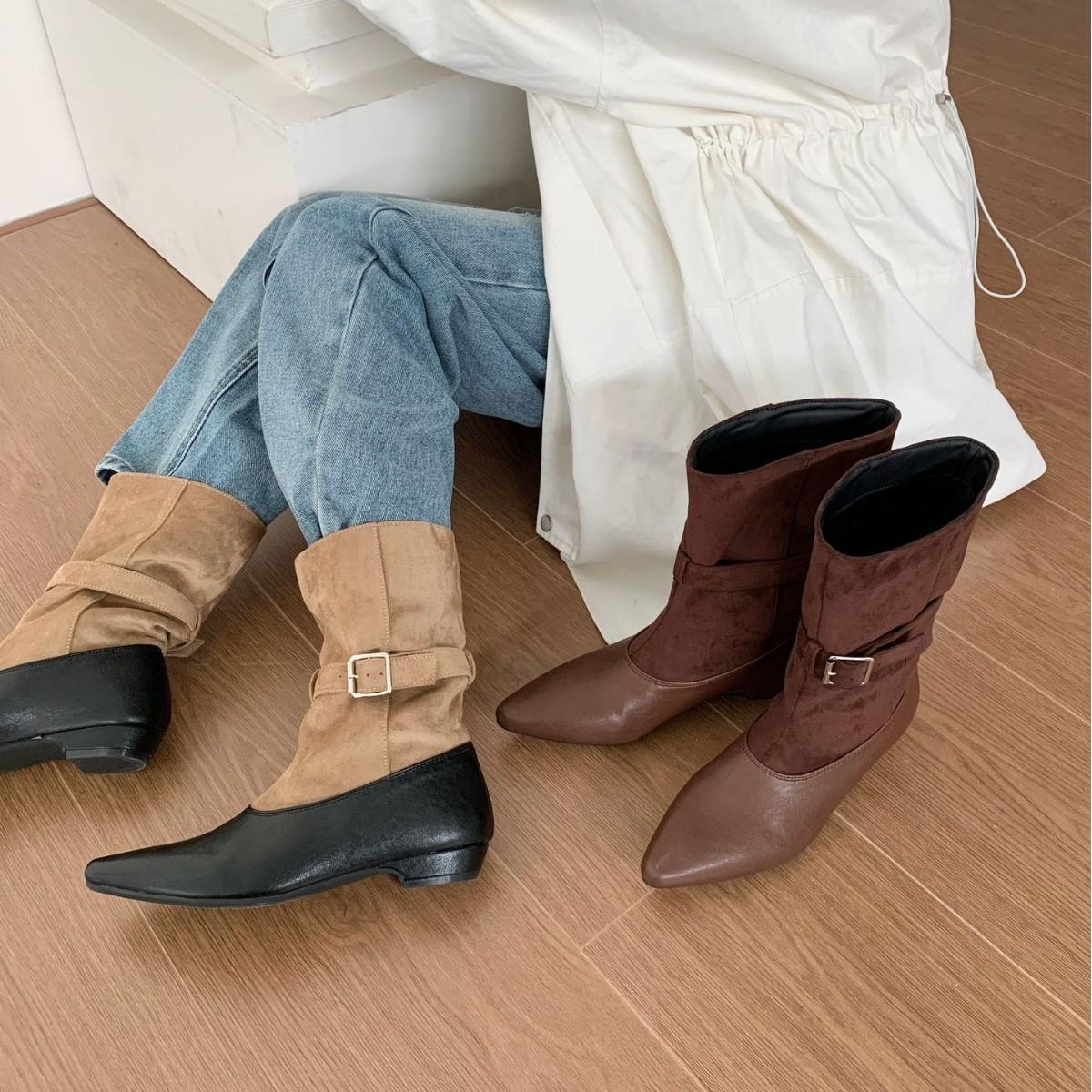 

2025 autumn and winter new pointed head color matching medium tube belt buckle thick medium heel thin fashion Martin women s boots 39 кофейный