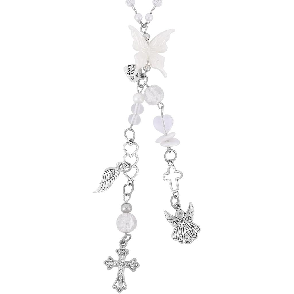 Angel Cross Rear View Mirror Charm - Crystal Angel Wing Pendant Hanging Chain, Religious Cross Car Suncatcher Ornament, Spiritual Car Interior Decor