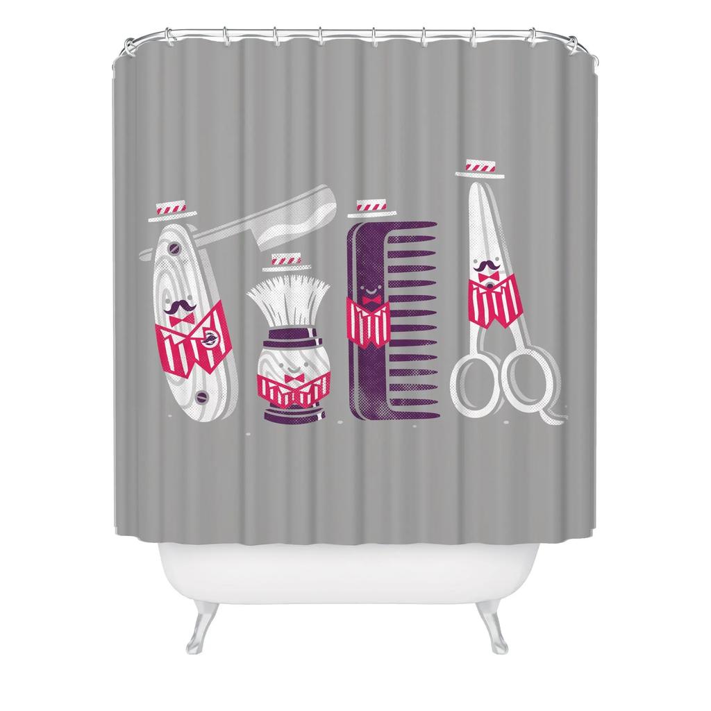 Barbershop Fabric Shower Curtain Set Barber With Tartan Vintage Badge Beard Cut Gentleman Graphic Grooming Screen Bathroom Decor