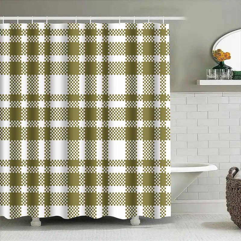 Plaid Shower Curtain Set Bathroom Decor Green White Checkered Waterproof Washable Fabric Home Decoration Free Shipping
