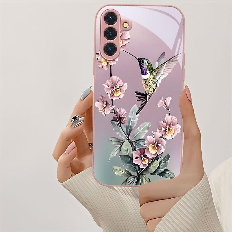 Kolibri Blüte Metallisches Glas Handyhülle Geeignet für Samsung Galaxy S26 S25 S24 S23 S22 S21 S20 FE/Ultra/Plus Anti-Sturz