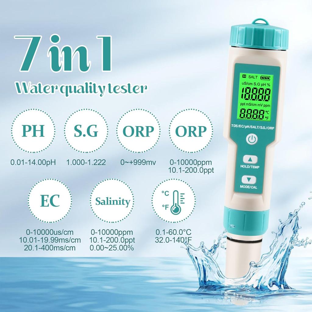 pH Meter for Water 7 in 1 PH/TDS/EC/Salt/S.G/ORP/Temp Meter,pH Tester Digital Backlit Waterproof LCD,TDS Meter EC Meter PPM Meter Suitable for Pools,