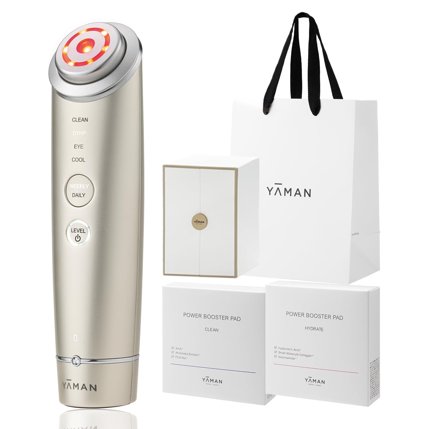 

Facial Beauty Device Lift Up Photo Plus Shiny Neo Power Booster Pad Set of 2 RF EMS Pore Clean Hydrate YJFM18NAM YA-MAN золотий