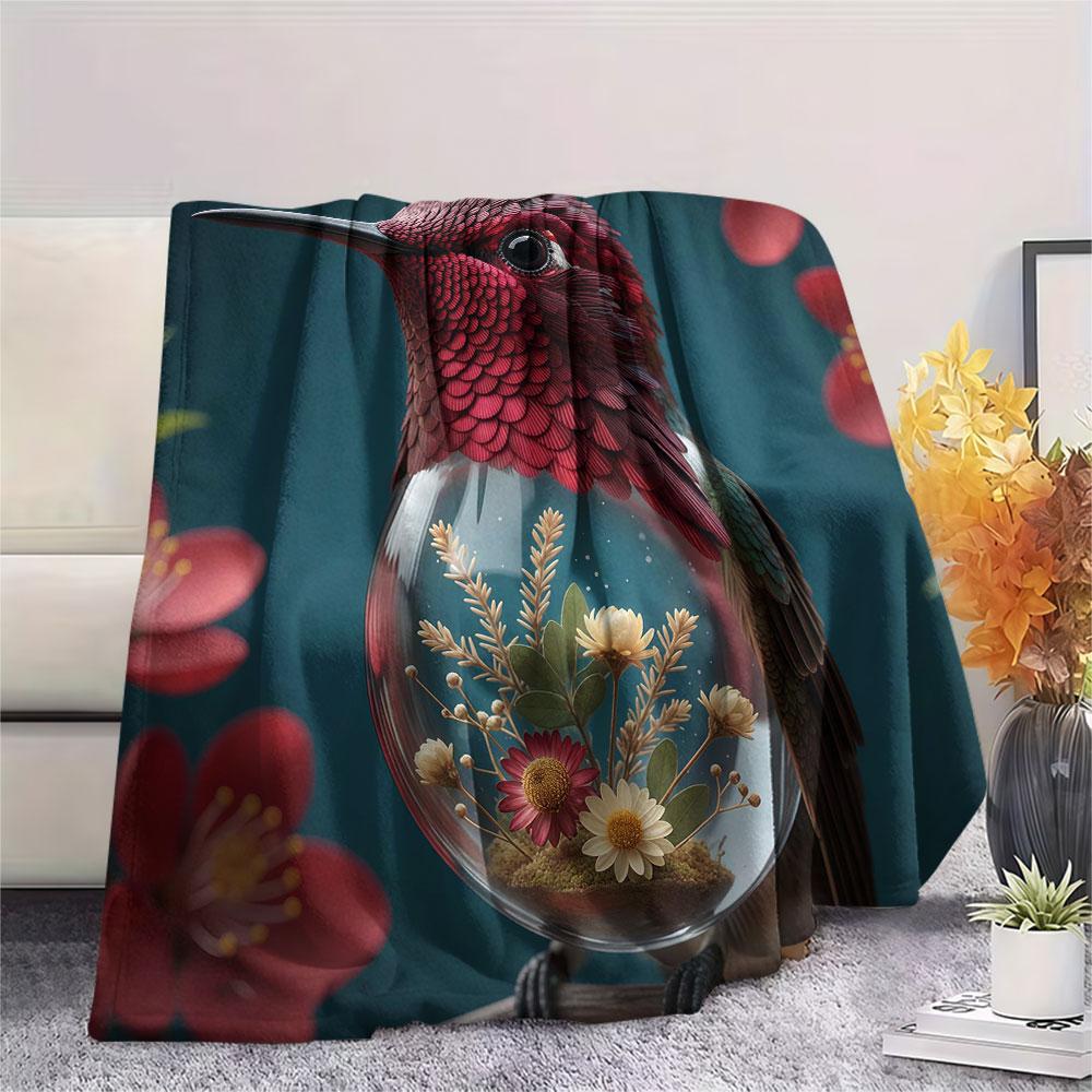 1Pc Glass Bird Print Flannel Blanket, High Quality Comfortable for All Seasons, Home Decor, Warmth and Comfort, Perfect for Christmas Gifts