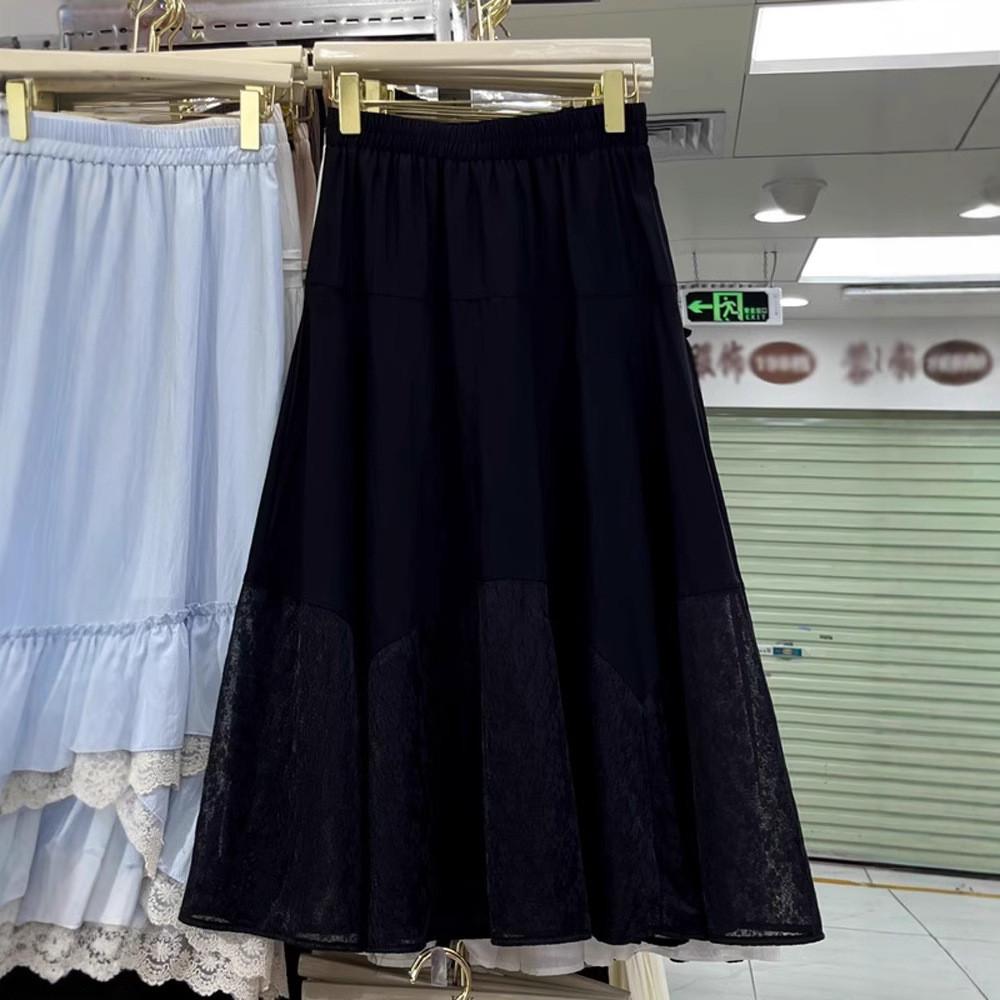 

Qooth Elegant Women A Line Splice Lace Skirt Wide Hem Mid Length Elastic Waist Slim Skirt QT2645 One Size чорний