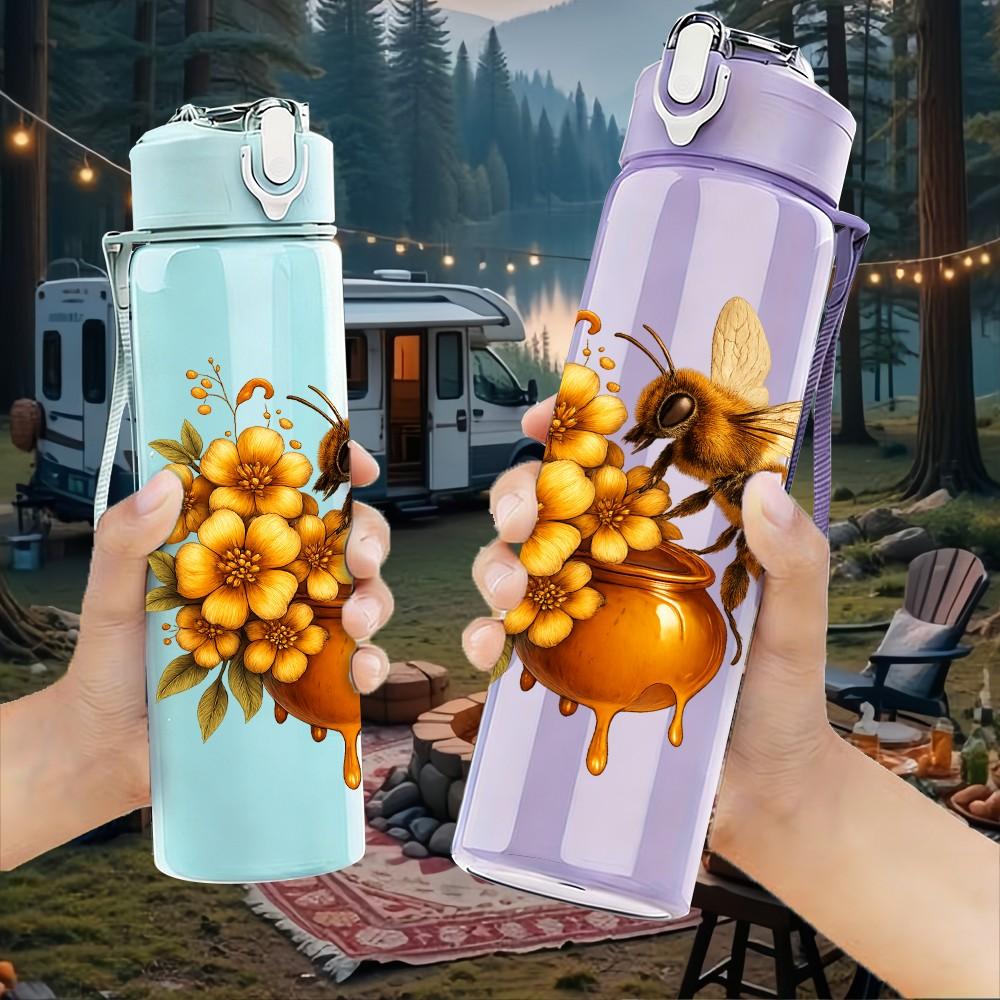 1PC Bee Sunflower Floral Print 750ml Color Plastic Sports Water Bottle Leakproof Flip Straw Lid Suitable for Sports Office Home Use