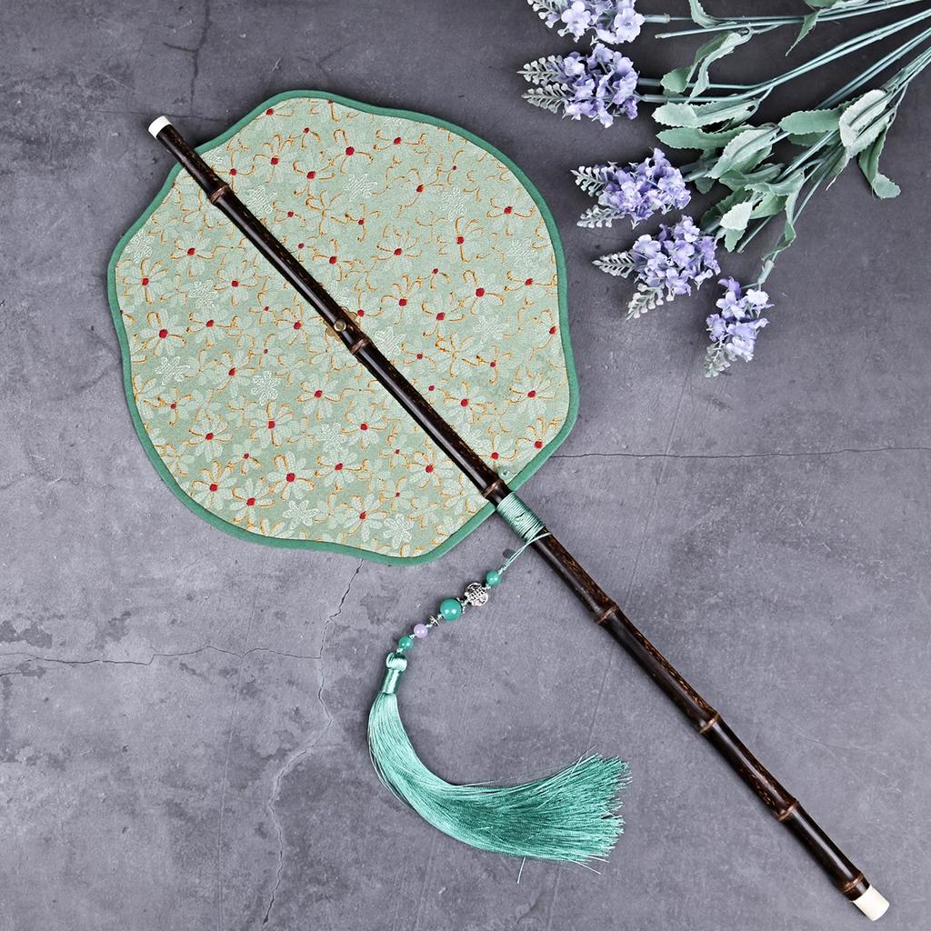 Chinese Ancient Style Black Bamboo Waist Fan Han Dynasty Circular Fan Chinese Style Long Handle Tassel Curling Folding Fan Classical Portable Wrist