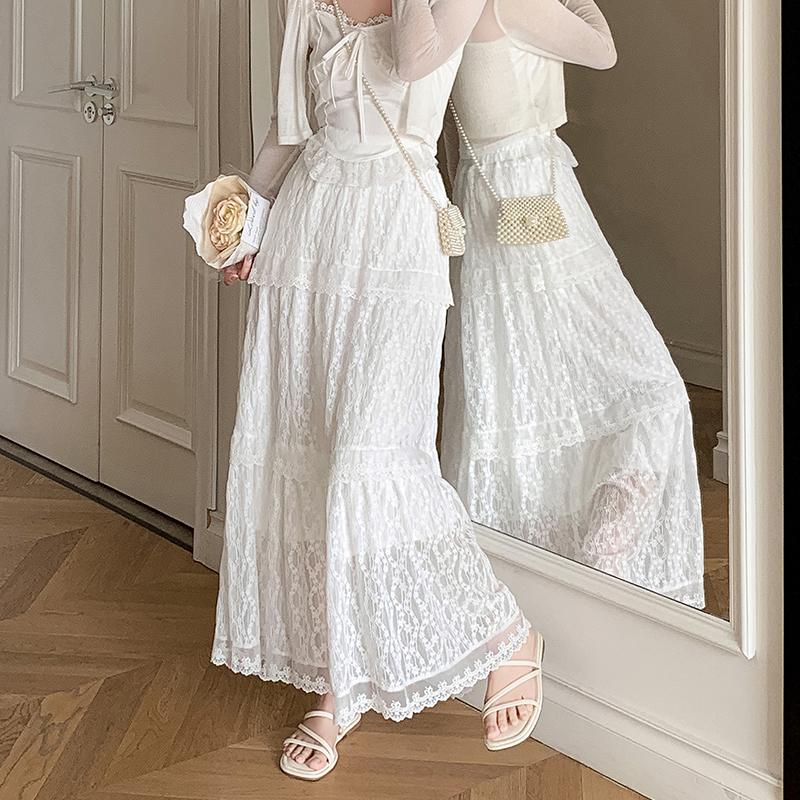 White Lace Embroidered Autumn Skirt Elegant Cake Hem Long Design