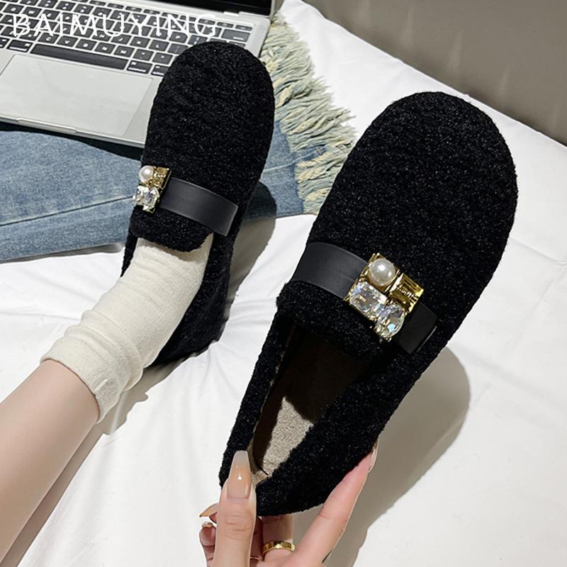 Fur Flats Women Loafers Shoes Bead Crystal Designer Casual Shoes 2025 Trend Short Plush Winter Cotton Boots Warm Botas De Mujer